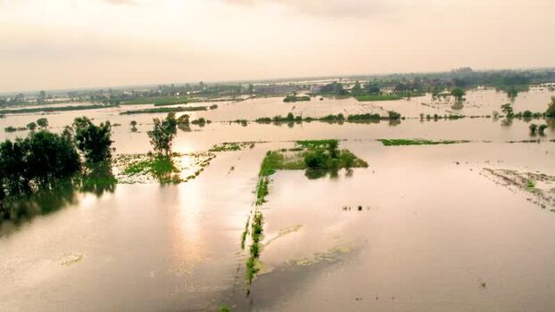 Aerial view of flooded village fields in Patna India.