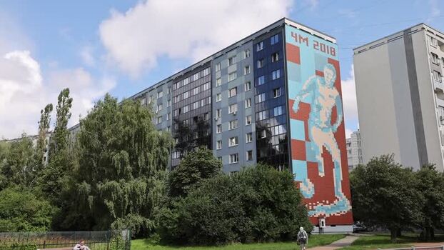 View of soccer mural on residential building in Russia.
