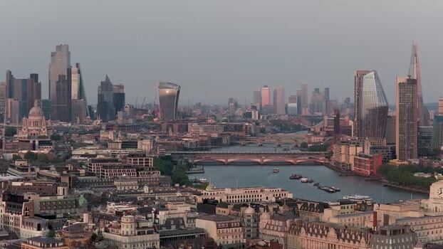 Aerial view of the River Thames and London skyline United Kingdom.