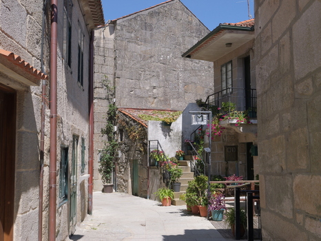 View of a narrow stone street in the historic village of Combarro with traditional granite houses vibrant potted flowers and stone stairs under a clear blue sky in Combarro Pontevedra Spain.