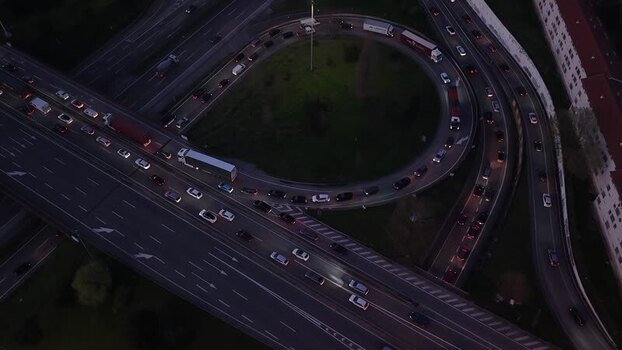 Aerial view of roads with cars at night Portugal.