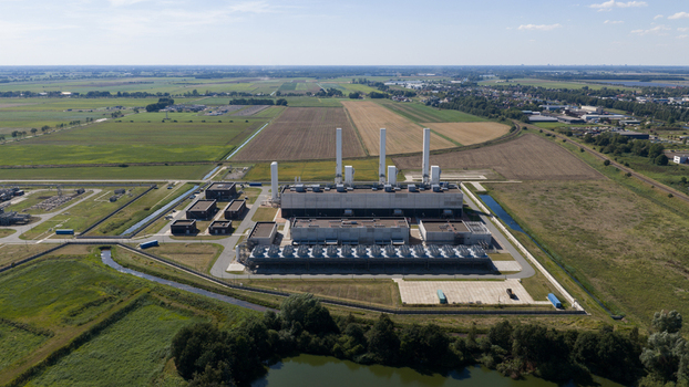 Aerial view of the Gasunie and Air Products nitrogen factory surrounded by agricultural fields and green landscape in Muntendam Groningen Netherlands.