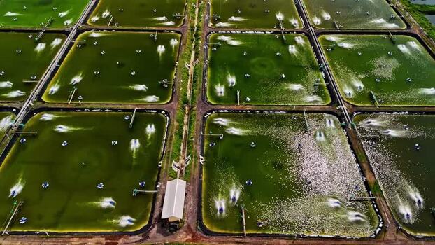 Aerial view of shrimp farming ponds in Bali Indonesia.