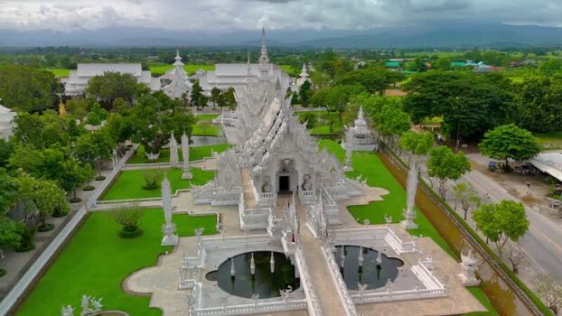 Aerial view of Wat Rong Khun White Temple Thailand.