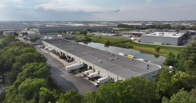 Aerial view of industrial warehouse complex United States.