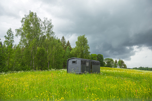 View of a dark colored tiny house situated in a vibrant meadow filled with yellow wildflowers and lush green grass bordered by a dense forest under a dramatic overcast sky in Latvia. View of a dark colored tiny house situated in a vibrant meadow filled with yellow wildflowers and lush green grass bordered by a dense forest under a dramatic overcast sky in Latvia.