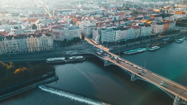 Aerial view of Dancing House and Vltava river in Prague Czechia.
