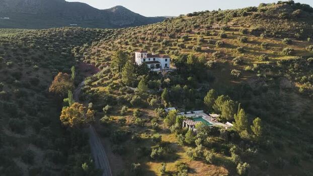 Aerial view of a white villa on a hillside with olive trees Spain.