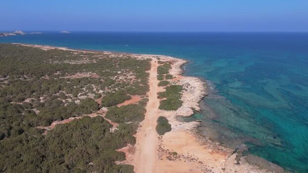 Aerial view of a coastal dirt road in Northern Cyprus.