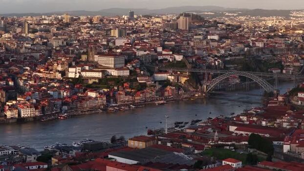 Aerial view of Dom Lu&iacute;s I Bridge Porto Portugal.