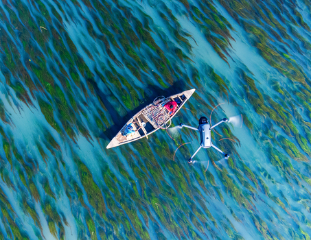 Aerial view of a small boat cutting through the turquoise water the drone captures the scene creating a mesmerizing contrast of colors Rajshahi Rajshahi Division Bangladesh.