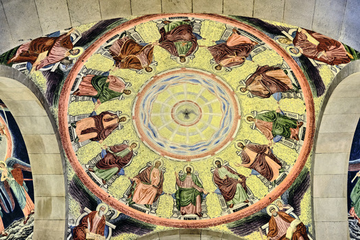 Viborg Denmark 07 August 2026 View of the intricate Joakim Skovgaard murals adorning the vaulted ceiling of Viborg Cathedral showcasing vibrant religious figures and geometric patterns. Viborg Denmark 07 August 2026 View of the intricate Joakim Skovgaard murals adorning the vaulted ceiling of Viborg Cathedral showcasing vibrant religious figures and geometric patterns.