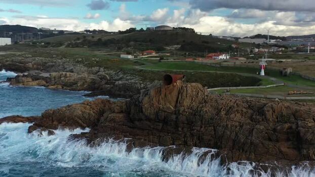 Aerial view of O Vixiador sculpture on the coast of Spain.