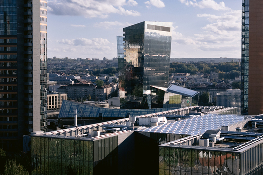 Aerial view of modern glass skyscrapers in the business district of Vilnius Vilnius County Lithuania.