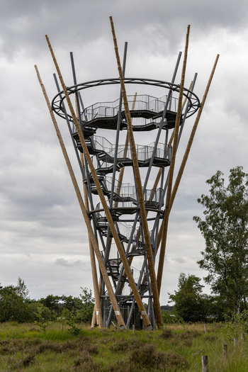 View of View Tower D n Flaestoren a modern wooden and metal observation tower with a spiral staircase set in a grassy landscape under a cloudy sky in Lage Mierde Noord Brabant Netherlands.