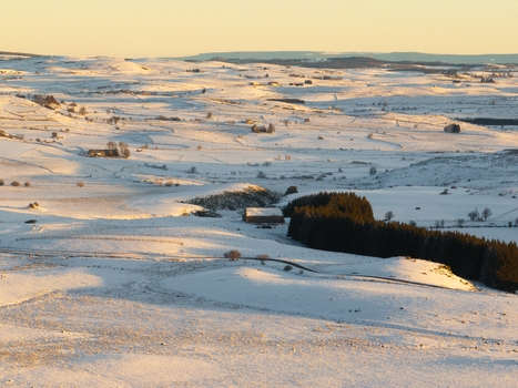 Aerial view of a serene winter landscape where snow blankets the undulating hills and the sun casts long shadows over the quiet valley Nasbinals Occitanie France.