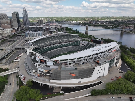 Cincinnati United States 25 April 2026 Aerial view of Paycor Stadium with the Ohio River bridges and the city skyline under a cloudy sky. Cincinnati United States 25 April 2026 Aerial view of Paycor Stadium with the Ohio River bridges and the city skyline under a cloudy sky.