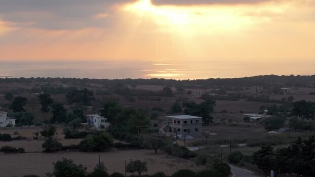 Aerial view of sunset over the landscape in Northern Cyprus.