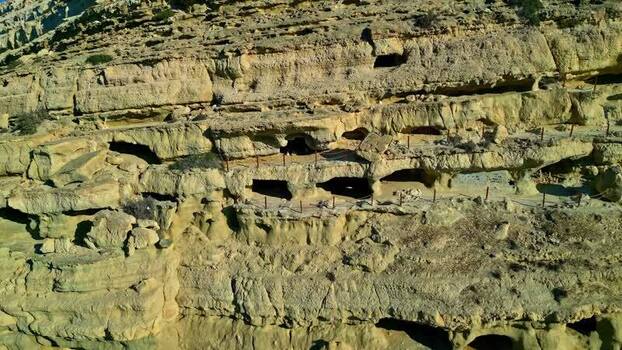Aerial view of Matala Caves in Crete Greece.