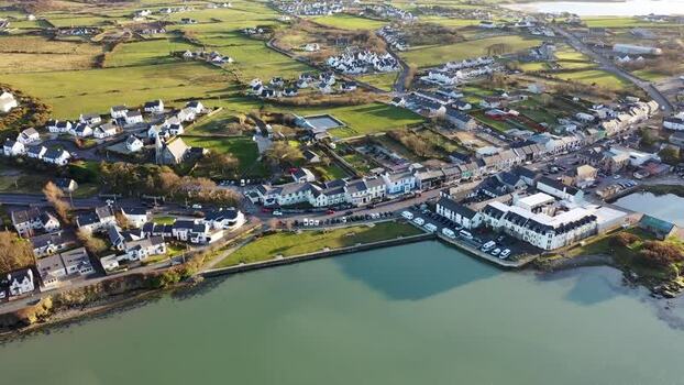 Aerial view of Dunfanaghy village and harbor in Ireland.