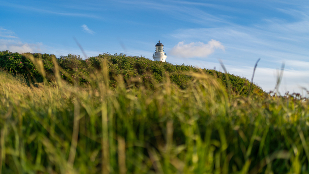 View of the Hirtshals fyr lighthouse tower rising above a lush green hill with blurred grass in the foreground under a blue sky in Hirtshals Denmark. View of the Hirtshals fyr lighthouse tower rising above a lush green hill with blurred grass in the foreground under a blue sky in Hirtshals Denmark.