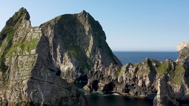 Aerial view of sea stacks at An Port Ireland.