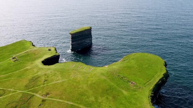Aerial view of Dun Briste sea stack off the coast Ireland. Aerial view of Dun Briste sea stack off the coast Ireland.