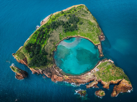 Aerial view of the vibrant Vila Franca do Campo Islet with its turquoise waters surrounded by deep blue ocean Vila Franca do Campo Azores Portugal.