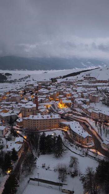 Aerial view of snow covered Rivisondoli in Abruzzo Italy.