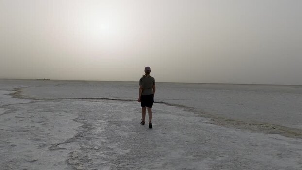 Aerial view of a person walking across the Danakil Desert salt flats Ethiopia.