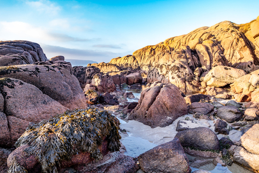 View of the rugged granite rock formations and seaweed covered boulders along the coastline in Cloughglass County Donegal Ireland. View of the rugged granite rock formations and seaweed covered boulders along the coastline in Cloughglass County Donegal Ireland.