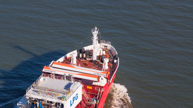Dordrecht Netherlands 29 April 2026 Drone view of Coral Pearl with folded WAPS units showing eSAIL and wingsail technology for fuel saving and more sustainable maritime transport.