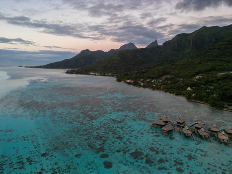 Aerial view of Sofitel Kia Ora Moorea Beach Resort with overwater bungalows turquoise lagoon coral reefs and lush mountains in Moorea Maiao Windward Islands French Polynesia. Aerial view of Sofitel Kia Ora Moorea Beach Resort with overwater bungalows turquoise lagoon coral reefs and lush mountains in Moorea Maiao Windward Islands French Polynesia.