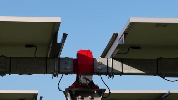 Aerial view of solar panel tracking mechanism Italy.