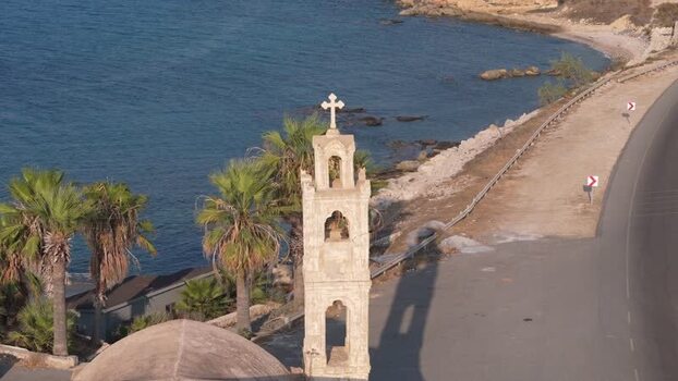 Aerial view of a church bell tower in Famagusta Northern Cyprus.
