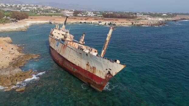 Aerial view of Edro III shipwreck near the coast of Cyprus.