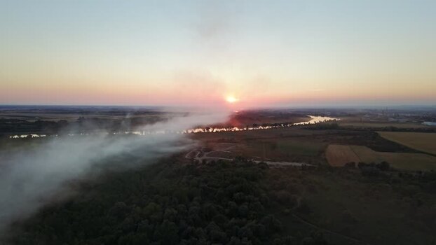 Aerial view of sunset over the Sava river in Sremska Mitrovica Serbia.