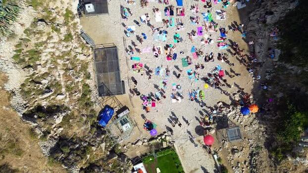 Aerial view of Lama Monachile beach in Polignano a Mare Italy.