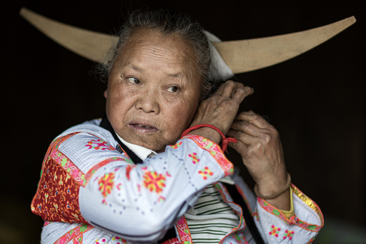 Gaoxing China 29 April 2026 View of an elderly Long Horn Miao woman wearing traditional embroidered clothing and a large wooden horn shaped headpiece while adjusting her hair. Gaoxing China 29 April 2026 View of an elderly Long Horn Miao woman wearing traditional embroidered clothing and a large wooden horn shaped headpiece while adjusting her hair.