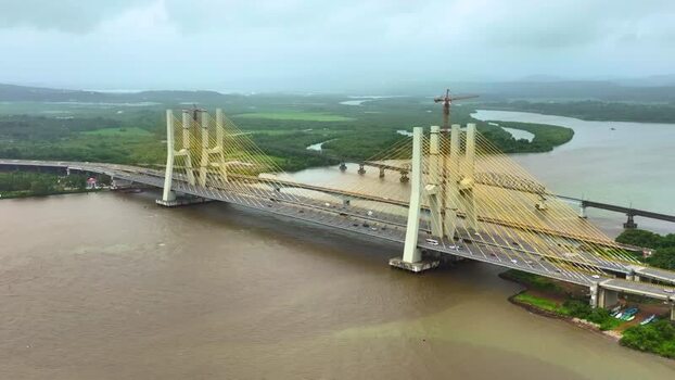 Aerial view of New Zuari Bridge spanning the river India.