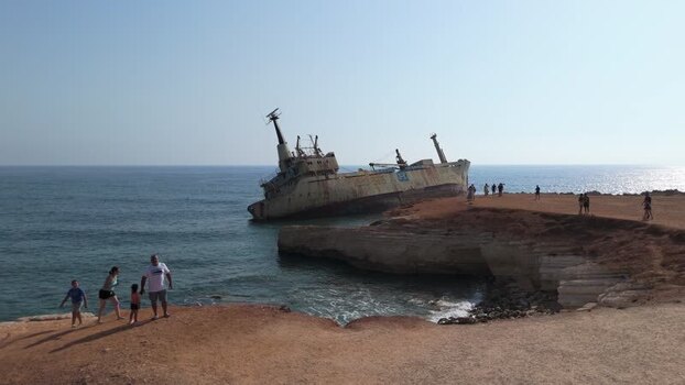 Aerial view of Edro III shipwreck on the rocky coast of Cyprus.