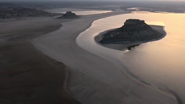 Aerial view of Karynzharyk hollow and rocky buttes Kazakhstan.