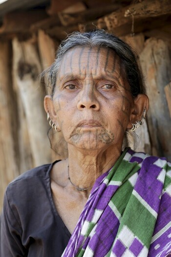 Odisha India 26 March 2026 View of an elderly woman with traditional facial tattoos stands before a rustic wooden structure her gaze steady framed by vibrant green and purple fabric. Odisha India 26 March 2026 View of an elderly woman with traditional facial tattoos stands before a rustic wooden structure her gaze steady framed by vibrant green and purple fabric.