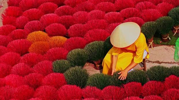 View of colorful incense stick bundles Vietnam.