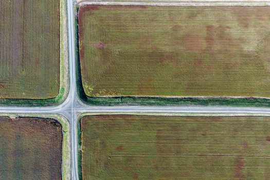 Aerial view of cranberry bogs divided by a crossroad intersection in the rural landscape Bandon Oregon United States. Aerial view of cranberry bogs divided by a crossroad intersection in the rural landscape Bandon Oregon United States.