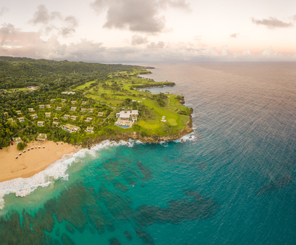 Aerial view of a beautiful luxury resort with swimming pool on Playa grande beach near Rio San Juan Mar&iacute;a Trinidad S&aacute;nchez Dominican Republic.