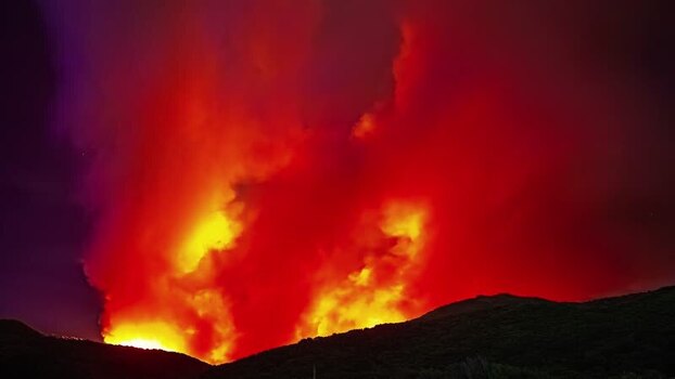View of volcanic eruption at night Spain.