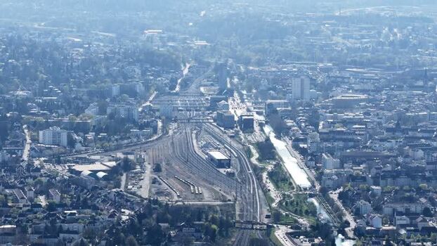 Aerial view of railway tracks and city France.