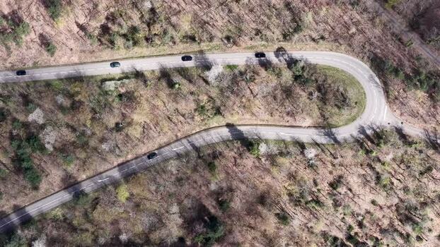 Aerial view of winding road through forest France.