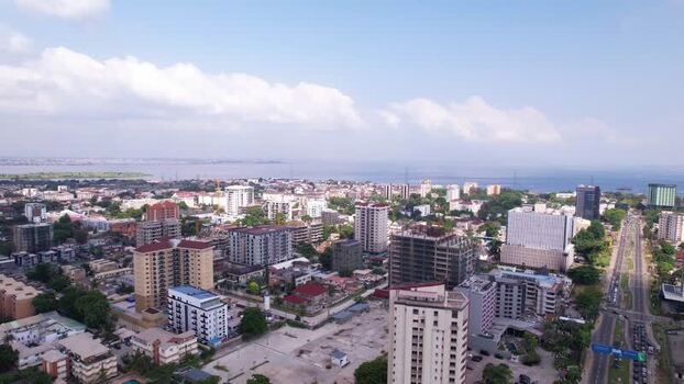 Aerial view of a bustling city by the water Nigeria.